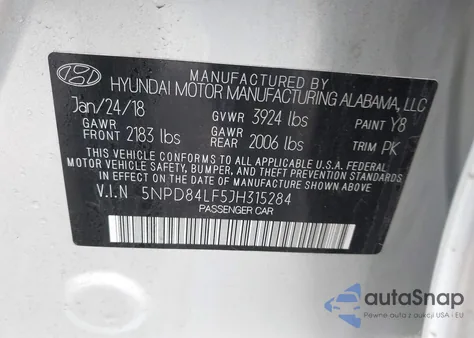 2018 Hyundai Elantra Sel z USA, uszkodzony, nr VIN 5NPD84LF5JH315284
